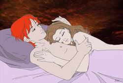 1boy 1girls blanket brown_hair closed_eyes female half-closed_eyes harry_potter hermione_granger human light-skinned_female light_skin lips lying lying_on_back lying_on_bed lying_on_person male nipples nude on_bed red_hair romantic ron_weasley sleeping straight sueweasley