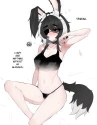 absurdres animal_ear_fluff animal_ears arm_up armpits black_hair black_panties black_sclera black_tank_top blush breasts choker closed_mouth collarbone colored_sclera commentary crop_top double-parted_bangs english_commentary english_text eyepatch female grey_eyes heart heart_eyepatch highres looking_at_viewer mayoa mayochan medium_breasts medium_hair multicolored_hair navel original panties pussy_juice rabbit_ears rabbit_girl rabbit_tail sitting solo squiggle steaming_body stomach sweat tail talking tank_top two-tone_hair underwear very_sweaty white_hair