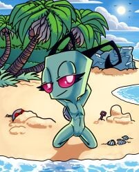 alien antennae_(anatomy) beach bedroom_eyes cloud female green_body hi_res humanoid invader_tenn invader_zim irken kneeling looking_at_viewer narrowed_eyes nickelodeon nude palm_tree pink_eyes plant pose reynaruina sand sea seashell seductive shadow shell shovel sir_unit size_difference sky slim smaller_female solo sun tools tree water