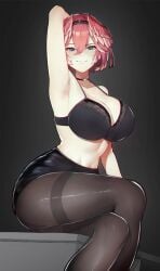 1girls 2022 abs alternate_version_at_source alternate_version_available arm_up armpit armpit_fetish armpits big_breasts black_background black_bra black_lingerie black_pantyhose black_pencil_skirt black_skirt bra breasts choker crossed_legs dark_background female female_focus female_only glasses_removed hololive hololive_japan holox large_breasts legs_crossed light-skinned_female light_skin necklace pantyhose pencil_skirt red_hair short_hair simple_background sitting smile takane_lui thick_thighs thighs underwear varniskarnis virtual_youtuber