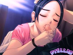 black_hair blowjob censored censored_penis closed_eyes eyebrows fellatio female game_cg hand_on_head konohana mosaic_censoring oral penis saliva shikan_doumei short_hair solo yasaka_madoka