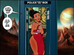 3d_glasses alien_planet big_breasts black_hair blanket_only breasts brown_skin col_kink covering_breasts covering_crotch covering_self covering_with_blanket dark-skinned_female dark_skin desert doctor_who english_text hair_tied_back hoop_earrings implied_sex key_necklace lipstick looking_at_viewer martha_jones naked_blanket outdoors sonic_screwdriver speech_bubble straight_hair tardis text_bubble the_doctor thighs