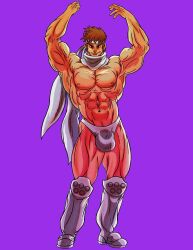 1boy 2014 brown_hair bulge capcom cyberbots gay imuscle jin_saotome male male_only muscular nipples purple_background simple_background solo video_games yaoi