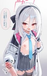 1boy bar_censor black_hairband black_jacket black_skirt black_thighhighs blazer blue_archive blue_necktie breasts censored commentary_request daru_daru_d female hair_between_eyes hairband halo handjob highres jacket kei_(blue_archive) kei_(new_body)_(blue_archive) long_hair long_hair_between_eyes looking_at_viewer miniskirt mosaic_censoring necktie nipples open_clothes open_jacket open_mouth open_shirt penis pink_halo pleated_skirt rectangular_halo red_eyes shirt simple_background skirt small_breasts solo_focus speech_bubble straight thighhighs translation_request white_hair white_jacket white_shirt