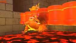 1boy 1girl1boy 3d 3d_(artwork) ass big_butt butt_on_fire castle duo english_description kabalmystic_(style) kane_brent_koopa koopa lava lemmy_koopa mario_(series) nintendo pipe smoke stone_wall tagme wendy_o._koopa yellow_body