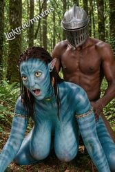 3d ai_generated alien alien_girl areola areola_slip athletic_female avatar avatar:_the_way_of_water bare_breasts bigger_female black_body black_male blender blue_body blue_skin breasts breasts_out couple doggy_style forest from_behind helmet huge_breasts interspecies jungle large_female larger_female mini_giantess na'vi naked_female neytiri outdoors realistic rower saggy_breasts sex shocked tail vaginal_penetration warrior