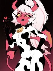 ai_generated artist_request bell_choker cow_bell cow_print demon demon_girl demon_tail demon_wings eyelashes fang heart hellaverse helluva_boss horns latex_bodysuit latex_clothing latex_gloves long_hair loving_it medium_breasts pink_body ponytail seductive skin_tight_suit skinsuit succubus tail thick_thighs verosika_mayday_(helluva_boss) white_hair wife_material would yellow_eyes