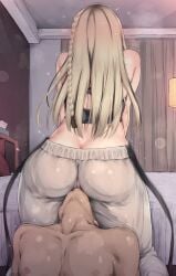 1boy ass back bed blonde_hair braid butt_crack commentary_request cunnilingus cunnilingus_through_clothes curtains female from_behind highres hololive hololive_dev_is indoors koganei_niko koganei_niko_(1st_costume) lamp long_hair multicolored_hair oral pants ruschuto sitting_on_face solo_focus streaked_hair virtual_youtuber white_pants