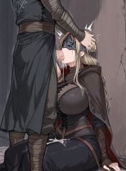 against_wall ai_generated big_breasts big_penis blowjob clothed_sex dark_souls deepthroat ejaculation face_fucking fellatio fire_keeper fromsoftware fully_clothed head_grab huge_breasts huge_cock questionable_consent sitting wobot