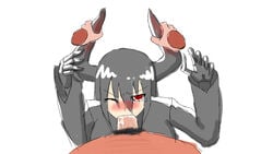 black_gold_saw black_rock_shooter blush cum cum_in_mouth fellatio hair horn_grab horns oral penis pubic_hair red_eyes tear wink