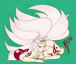 animal_ears bald_spot breasts cleavage female fox_ears fox_tail katie_berntson kayo_(pyorno) kitsune lips long_hair multiple_tails nude oc_character on_stomach original pink_hair slit_pupils solo tail tattoo yellow_eyes