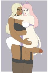 1futa 1girls animal_ears athorment athorment_oc balls big_balls big_breasts big_penis breasts cat_ears clothed clothing dark-skinned_futanari dark_skin erection female female_on_futa futa_on_female futa_with_female futanari height_difference human humanoid imminent_sex interracial intersex intersex/female it'll_never_fit kemonomimi light-skinned_female light_skin lingerie mostly_nude pcgrind34_oc penis siri_(pcgrind34) size_difference standing thighhighs trinity_(athorment)