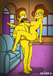 ass breasts carrying cigarette color edna_krabappel female human insertion male ned_flanders nipples nude penis senor_x sex side_view standing straight tagme testicles the_simpsons