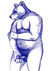 2006 anthro balls blue_and_white erection genitals hairy male mammal monochrome moobs osos overweight overweight_male penis simple_background sketch solo ursid white_background