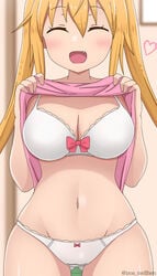 1girls ^_^ artist_name big_breasts blonde_hair blush breasts eyebrows_visible_through_hair fang female_only heart lifted_by_self miss_kobayashi's_dragon_maid navel open_mouth panties poa_mellhen ribbon shirt_lift small_waist smile tagme tail thick_thighs thigh_gap thighs tohru_(dragon_maid) underwear white_bra white_panties white_underwear wide_hips