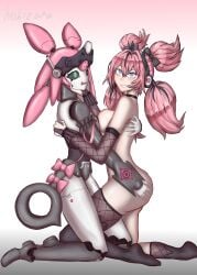 2d 2girls angels_of_delusion aria_(discordant_note)_(zenless_zone_zero) aria_(zenless_zone_zero) aria_(zenless_zone_zero)_(human_form) aria_(zenless_zone_zero)_(robot_form) asymmetrical_legwear bare_shoulders blue_eyes female female/female green_eyes hohizora hohizora_(artist) idol long_hair long_hair_female pink_hair robot robot_girl selfcest touching_ass zenless_zone_zero zzz