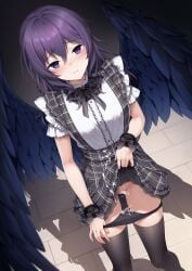 absurdres after_sex after_vaginal black_panties black_skirt black_thighhighs black_wings buttons censored character_request clothes_lift commentary_request commission copyright_request cum cum_in_panties cum_in_pussy cumdrip feathered_wings female frilled_shirt frills henria highres lifting_own_clothes mosaic_censoring panties panty_pull purple_eyes purple_hair pussy shadow shirt short_sleeves skeb_commission skirt skirt_lift solo standing suspender_skirt suspenders thighhighs underwear white_shirt wings