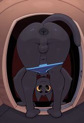 1boy ai_generated ass_focus balls big_ass black_fur blue_underwear domestic_cat femboy furry looking looking_back male_only peephole pull_down solo underwear