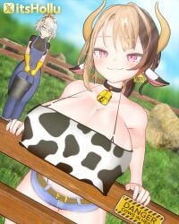 2girls alternate_breast_size animated bell big_breasts blonde_hair breasts cecilia_immergreen collar cow_girl cow_print cowbell farm female female_focus female_only gigi_murin hololive hololive_english hololive_english_-justice- horn horns huge_breasts itshollu large_breasts light-skinned_female light_skin longer_than_10_seconds loop looping_animation massive_breasts no_sound red_eyes shaking shaking_breasts tagme video