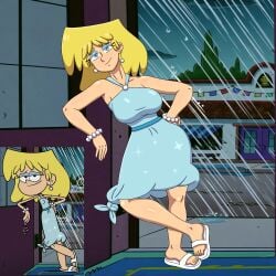 1girls blonde_female blonde_hair blue_dress blue_eyeshadow bracelet dress earrings eyeshadow female female_focus female_only front_view half-closed_eyes indoors leon_pazchowder light-skinned_female light_skin looking_at_viewer lori_loud nickelodeon nicktoons outdoors raining reference_image sandals seductive seductive_look short_hair smile solo solo_female solo_focus standing teenage_girl teenager the_loud_house