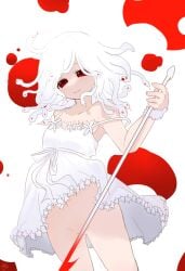 absurdres armpits bare_shoulders blood blood_splatter blush breasts closed_mouth clothes_lift collarbone commentary convenient_censoring cowboy_shot dress dress_lift female frilled_dress frills god_nadeko groin harpoon highres holding holding_harpoon holding_weapon koimonogatari medium_hair monogatari_(series) narrowed_eyes no_panties official_alternate_eye_color official_alternate_hair_color official_alternate_hairstyle red_eyes ribbon romaji_commentary scrunchie sengoku_nadeko sleeveless sleeveless_dress small_breasts smile snake_hair solo spaghetti_strap standing strap_slip tsugumi_(tgm_615486) weapon white_background white_hair white_ribbon wind wind_lift wrist_scrunchie yandere