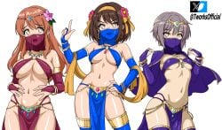 3girls absurdres ai-assisted asahina_mikuru bare_shoulders belly breasts brown_hair cape cleavage collarbone dancer flower grey_hair groin hair_flower hair_ornament hair_ribbon hairband halterneck hand_on_own_hip highres jewelry large_breasts loincloth looking_at_viewer medium_breasts multiple_girls nagato_yuki navel necklace o-ring o-ring_top orange_hair purple_cape ribbon small_breasts stomach suzumiya_haruhi suzumiya_haruhi_no_yuuutsu t-works thighs underboob white_background wide_hips yellow_hairband yellow_ribbon