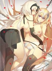 2girls ass black_panties black_thighhighs blonde_hair blue_eyes breasts breasts_out chains cleavage detached_sleeves fate/grand_order garter_belt garter_straps headdress jeanne_d'arc_(fate) jeanne_d'arc_alter_(fate) kyomon large_breasts lingerie lips long_hair nipples panties petals sheer_clothes smile thighhighs thighs white_hair white_panties yellow_eyes