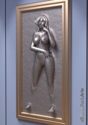 1girls 2025 3d 3d_(artwork) asfr belly_button breasts carbonite darkan-kana display displayed eyebrows eyebrows_visible_through_hair female_only finger_on_lip framed frozen hand_on_hip interior_scene long_hair metal_transformation metallic_body naked naked_female nipple_piercing oc original_character petrification picture_frame post-transformation pussy smirk solo stuck_in_object voluntary wall wall_decoration watermark willing willing_transformation