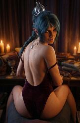 1boy 1girls ai_generated ass baldur's_gate_3 bare_shoulders black_hair bubble_butt circlet dungeons_and_dragons elf_female green_eyes indoors long_hair looking_at_viewer looking_back male_pov pointy_ears scar seductive_look shadowheart sitting sweat teasing