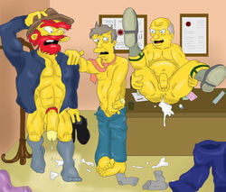 3boys abs after_sex beard boner bottomless clothes clothes_on_floor color cum cum_drip cum_in_ass cum_on_desk cum_on_floor erection facial_hair flaccid foreskin gay gray_hair groundskeeper_willie hat hat_rack holding_penis human indoors inviting_to_sex legs_held_open male male_only multiple_males muscles muscular mustache naked_footwear necktie nude on_desk open_shirt pants_down partially_retracted_foreskin pecs penis presenting_ass red_hair seriousmonkey seymour_skinner sitting slightly_chubby standing superintendent_chalmers testicles the_simpsons topless uncut yaoi