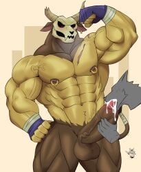 anatake anthro balls bara blowjob boner cum cum_in_mouth erection flexing horns male male_only minotaur minotaur_(the_legend_of_pipi) muscles muscular nude oral penis skull_head the_legend_of_pipi wolfblack2543