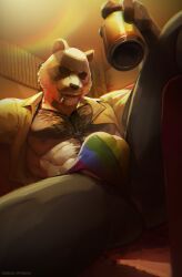 1boy abs animal_ears beastars black_fur bulge can chest_hair commentary english_commentary furry furry_male gouhin highres holding holding_can looking_at_viewer looking_down male_focus multicolored_fur multicolored_male_underwear muscular muscular_male nipples open_clothes open_shirt panda_boy panda_ears patreon_username pectorals scar scar_across_eye scar_on_face second-party_source shirt sinibunnn smile smoking testicle_peek testicles white_fur yellow_shirt