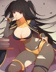 black_bra black_eyes black_hair blunt_bangs book book_stack cape cleavage detached_collar fire_emblem fire_emblem_awakening gold kyomon large_breasts long_hair pantyhose smile tharja_(fire_emblem) thigh_strap tiara torn_clothes torn_pantyhose twintails wide_hips