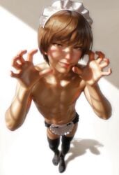 1boy absurdres adorable androgynous best_quality black_maid_dress blush brown_eyes brown_hair confident crossdressing curvy cute death_note detailed femboy femboy_focus femboy_only feminine_male flat_chest frilled_apron frills garter_belt gay glossy_skin hands_on_hips highres hip_cocked lace_trim light_yagami looking_at_viewer maid maid_headdress maid_outfit maid_pose male male_focus male_only masterpiece mylittlemind nsfw pleated_skirt pose sexy short_hair short_skirt shy simple_background skinny skinny_male skirt slender slim slutty_body slutty_waist smirk smooth_skin smug solo standing suggestive_smile thick_thighs thighhighs white_background wide_hips