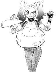 1girls baseball_bat boobs breast_focus breasts breasts_bigger_than_head chell_chan cleavage female female_focus female_only harley_quinn huge_breasts looking_at_viewer monochrome oversized_breasts raised_eyebrow standing textless tight_clothing torn_clothes torn_clothing