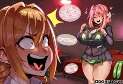 100_kanojo 2girls ai_generated bed bikini blonde_hair blush braid breasts cheating cheating_girlfriend closed_eyes comic condom donbeboys english_text flower green_bikini hair_flower hair_intakes hair_ornament hanazono_hakari heart huge_breasts inda_karane indoors jacket kimi_no_koto_ga_dai_dai_dai_dai_daisuki_na_100-nin_no_kanojo large_breasts love_hotel micro_bikini multiple_girls ntr open_mouth pink_hair pleated_skirt red_bed_sheet school_uniform shirt short_hair skirt smile speech_bubble stella_(donbeboys) surprised swimsuit the_100_girlfriends_who_really_really_really_really_really_love_you thighs yellow_eyes