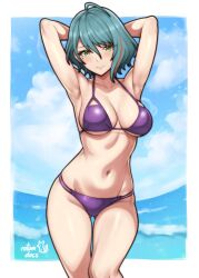 1girls armpits arms_up breasts comission dead_or_alive dead_or_alive_xtreme_venus_vacation exposed_breasts female green_eyes green_hair purple_swimsuit rotomdocs short_hair swimsuit tamaki_(doa) water