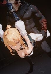 1girls 1monster ai_generated anthro blonde_hair breasts dark-skinned_male defeated duo female genshin_impact helpless helpless_female hilichurls_(species) jean_gunnhildr male monster_on_female restrained suspended suspended_in_midair suspension tagme