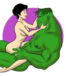 1boy 1girls 2d barefoot betty_ross betty_ross_(human) black_hair completely_nude completely_nude_female completely_nude_male couple digital_media earrings earrings_only female female_on_top green_fur green_hair green_skin happy happy_female happy_male hulk hulk_(series) human human_female implied_penetration implied_sex larger_male loving loving_couple loving_embrace loving_gaze male male/female male_and_female_focus male_nipples male_on_bottom marvel marvel_comics monster monster_on_bottom monster_on_female nipples nude nude_female nude_male pookie red_nails romantic short_hair short_hair_female short_hair_male size_difference smaller_female smile straight wholesome