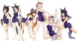 armpits bent_over bita_(marghe_bita) black_hair blue_ring brown_hair brown_straps dark_brown_hair disheveled_hair dream_journey_(umamusume) ear_covers ear_cuffs female fenomeno_(umamusume) glasses gold_eyes gold_ship_(umamusume) grey_beanie grey_hair hand_on_own_hand hands_on_legs hands_on_own_leg hat holding_own_foot holding_own_tail horse_girl knee_bent lifting_leg lilac_eyes long_hair looking_at_another looking_at_viewer looking_back looking_sideways magenta_eyes medium_hair nakayama_festa_(umamusume) ochre_hair officer_cap open_mouth orange_hair orfevre_(umamusume) petite_female pink_eyes purple_bow purple_eyes purple_hair raven_hair rose_eyes school_swimsuit silver_hair sitting slanted_eyes smiling spiky_hair standing stay_gold_(umamusume) stretching swimsuit tail_around_leg tail_on_ground tail_on_leg tall_female three-tone_hair two-tone_eyes two-tone_hair umamusume violet_eyes visor_cap white_body white_hair white_strand_of_hair yellow_hair