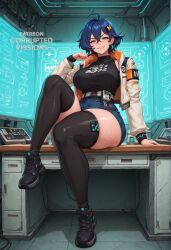 ahoge ai_generated alternate_body_type alternate_breast_size belle_(zenless_zone_zero) belt big_thighs black_footwear black_shirt black_thighhighs blue_hair blush breasts child_bearing_hips corruptedvisions crossed_bangs curvaceous curves curvy curvy_body curvy_figure denim denim_shorts denim_skirt female full_body glossy glossy_body green_eyes grin hair_between_eyes hair_ornament hairclip hi_res high_resolution highres indoors jacket jewelry large_breasts large_thighs long_sleeves looking_at_viewer mole monitor open_clothes open_jacket shiny_skin shirt shoes short_hair short_shorts shorts sitting skin_gloss skirt skull_crushing_thighs smile solo stable_diffusion thick_thighs thighhighs thighs thunder_thighs voluptuous wide_hips zenless_zone_zero