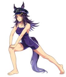 bita_(marghe_bita) female fenomeno_(umamusume) hand_on_own_hand hands_on_own_leg horse_girl knee_bent looking_at_viewer medium_hair officer_cap purple_hair raven_hair slanted_eyes solo spiky_hair stretching umamusume violet_eyes visor_cap white_body