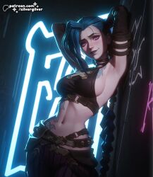 1girls ai_generated arcane arcane_jinx arm_up armpit armpit_fetish armpits arms_up barely_clothed belly belt blue_hair blush braided_hair braided_twintails crop_top dark_lips dark_lipstick eyeshadow female fit from_below hair_over_one_eye high_quality high_resolution highres jinx jinx_(arcane) jinx_(league_of_legends) league_of_legends long_hair looking_at_viewer looking_away low-angle_view medium_breasts navel neon_lights outdoors pale_skin pants pink_eyes posing purple_pants sideboob silvergilver skinny small_breasts smile smirk solo tattoo tattoos voyeur voyeurism