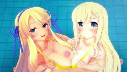 1boy 1boy2girls 2girls 3d animated blonde_hair blue_ribbon censored censored_penis cock collaborative_paizuri collaborative_titfuck double_paizuri double_titfuck female golden_bikini golden_bra green_eyes hairclip jack_the_gaijin katsuragi_(senran_kagura) koikatsu long_hair male male_pov no_sound paizuri paizuri_lead_by_female penis pool ribbon senran_kagura senran_kagura_(series) short_hair tagme threesome titjob video yellow_bikini yellow_bra yomi_(senran_kagura)