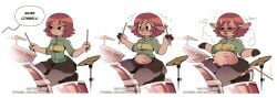 cavitees cow_ears cow_girl cow_horns drooling drum hooves kim_pine leaking_milk leggings mooing red_hair scott_pilgrim skirt tail torn_legwear transformation udders weight_gain