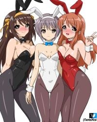 3girls absurdres ai-assisted animal_ear_hairband animal_ears asahina_mikuru asymmetrical_docking bare_shoulders black_bow black_bowtie black_leotard black_pantyhose blue_bow blue_bowtie blush bow bowtie breast_press breasts brown_eyes brown_hair brown_pantyhose cleavage expressionless fake_animal_ears grey_hair hairband highres large_breasts leotard long_hair looking_at_viewer medium_breasts multiple_girls nagato_yuki pantyhose playboy_bunny rabbit_ear_hairband rabbit_ears rabbit_tail red_bow red_bowtie red_leotard short_hair shy simple_background small_breasts smile suzumiya_haruhi suzumiya_haruhi_no_yuuutsu t-works tail v v-shaped_eyebrows very_long_hair white_background white_leotard wrist_cuffs yellow_hairband