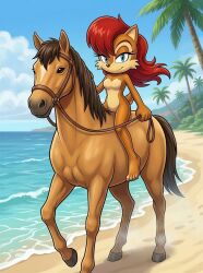 bareback bareback_riding beach brown_horse naked naked_female nude nude_female riding sally_acorn