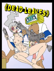 1boy 1girls ahoge bare_breasts dead_leaves grey_hair gun guns heterochromia marsj no_penetration pandy_(dead_leaves) retro_(dead_leaves) simple_background striped_shorts tagme watermark white_panties