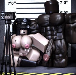 dark-skinned_male big_penis cock qos bimbo black_hair 1girls 1boy police police_uniform stockings fishnets roblox robloxian original_character camera oiled oiled_skin sweat lipstick big_breasts plump thick_thighs thighs vagina neyzii