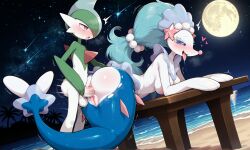 ai_generated anal_sex ashirene beach beach_background beautiful_background big_breasts blue_eyes blue_hair blue_tail blush blushing_face boobs_out breasts breasts_out erureido female fin gallade hair_ornament heart horny_female light long_hair mermaid mermaid_tail moon moonlight night night_sky nintendo ocean orgasm orgasm_face pearl_(gem) pearl_hair_ornament penis_in_ass pink_nipples pink_nose pokemon pokemon_(species) primarina red_eyes sand seal siren standing_doggy_style star starfish tongue_out white_body